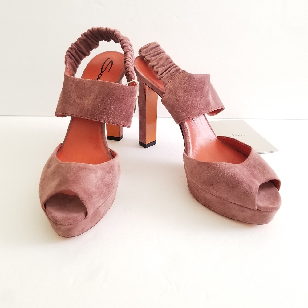 Santoni Suede Leather Peep Toe Elastic Slingback Pumps Size 40 - Picture 2 of 5